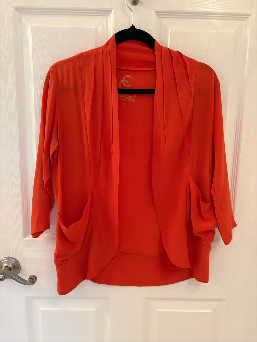 Chaser Collection 100% Silk Open Front Red-Orange Draped Cardigan with Pockets!